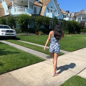 blue and white floral romper